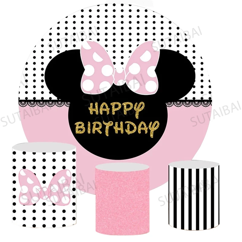 

Birthday Party Cartoon Mouse Party Backdrops Girl Pink White Dots Photo Round Plinth Backdrop Decoration Photography Studio