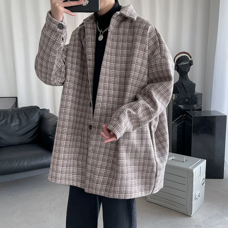 

Autumn Winter Plaid Men's Woolen Coat Korean Casual Woolen Coat Men's Fashion Loose Coat Men's Streetwear Warm Jacket Men