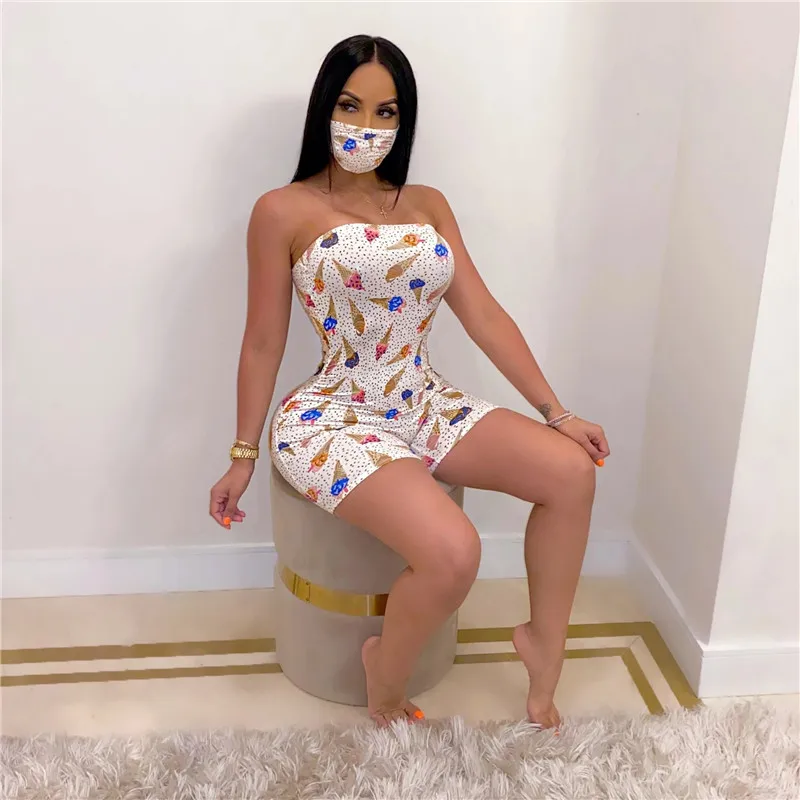 

2020 Strapless Off Shoulder Bodycon Jumpsuit Sexy Women Bodysuit Shorts Romper Print Leotard Sleeveless Print Button Bodysuit
