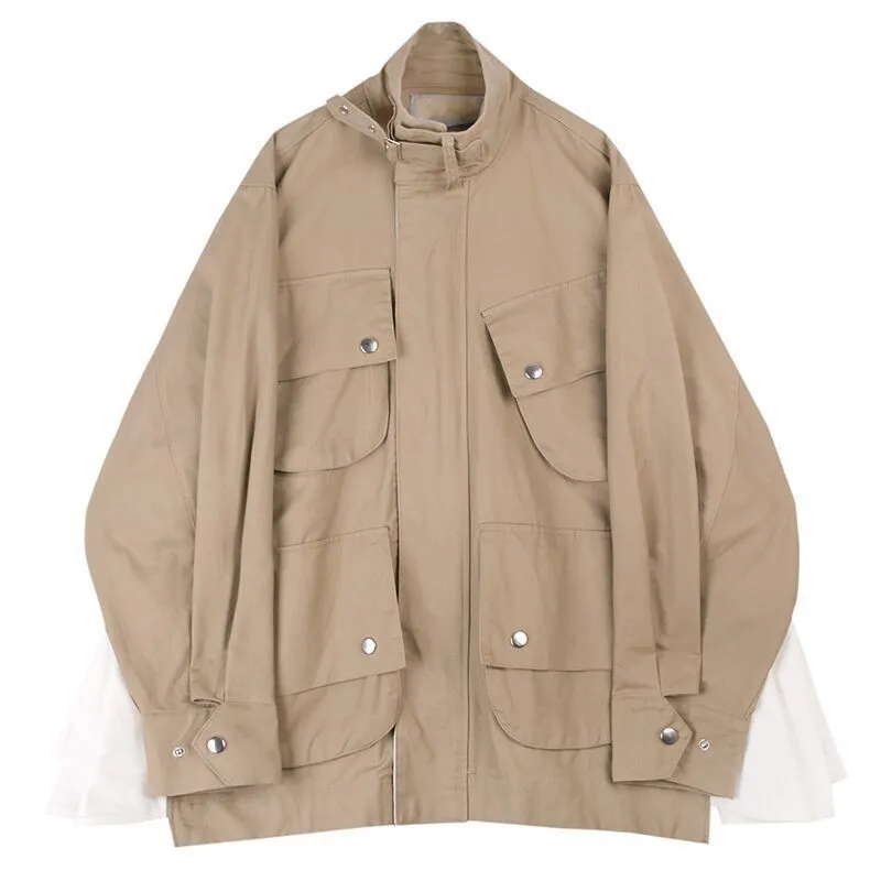

Safari Style Autumn Oversize Designer New Casual Mens Loose Jackets Fashion Patchwork Long Sleeve Pockets Stand Collar Coats