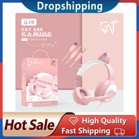 new product g19 pink cat ear cute girl gaming headset with mic noise reduction stereo music rgb flash light wired headphone