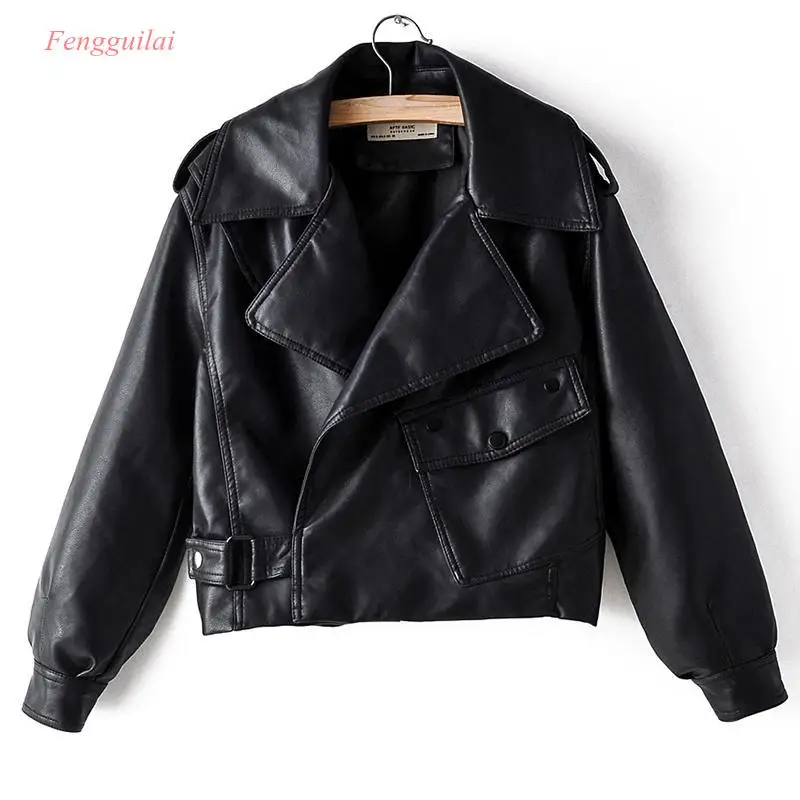 

New Autumn Women Faux Leather Jacket Pu Motorcycle Biker Red Coat Turndown Collar Loose Streetwear Black Punk Outerwear