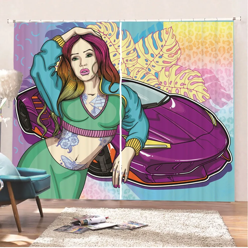 Гоночный автомобиль женщина окна шторы 2 панели экстремальный спорт обработка 3D