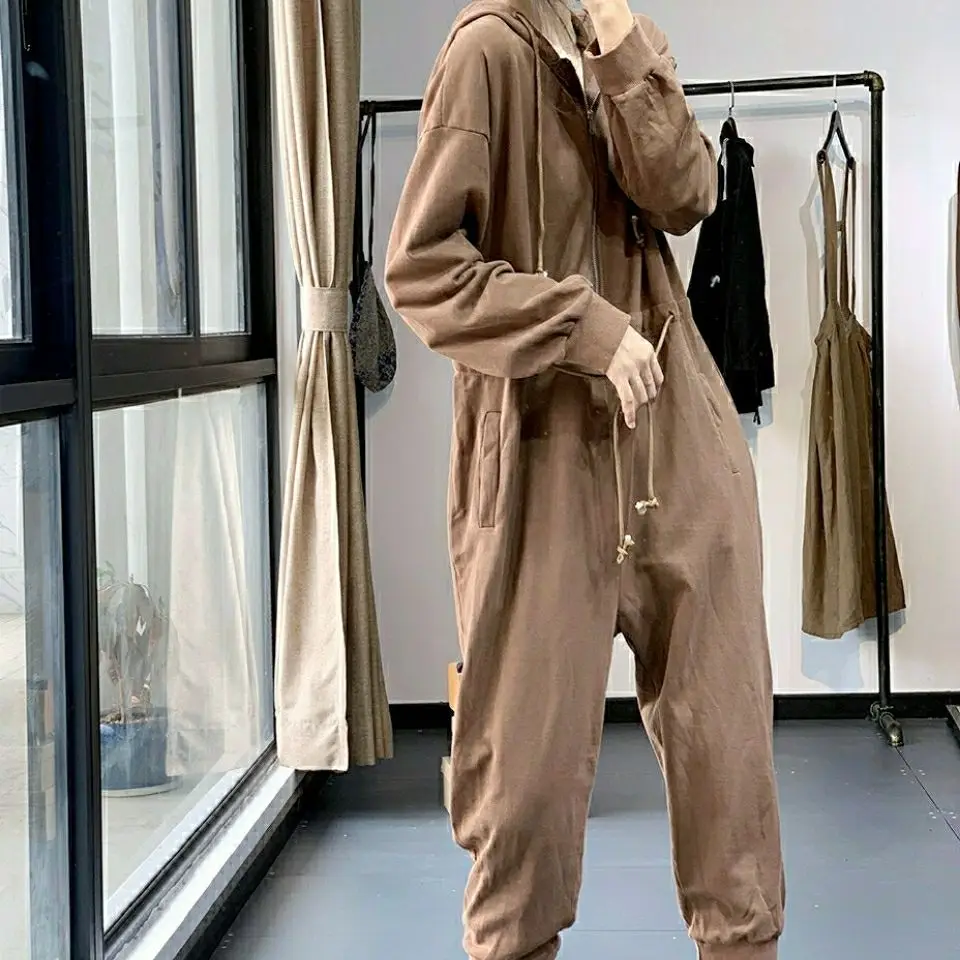 Women Harem Jumpsuit Autumn Winter Japanese Style Loose Drawstring Long Sleeve Hooded Sweatshirt Cotton Casual Jumpsuit Women