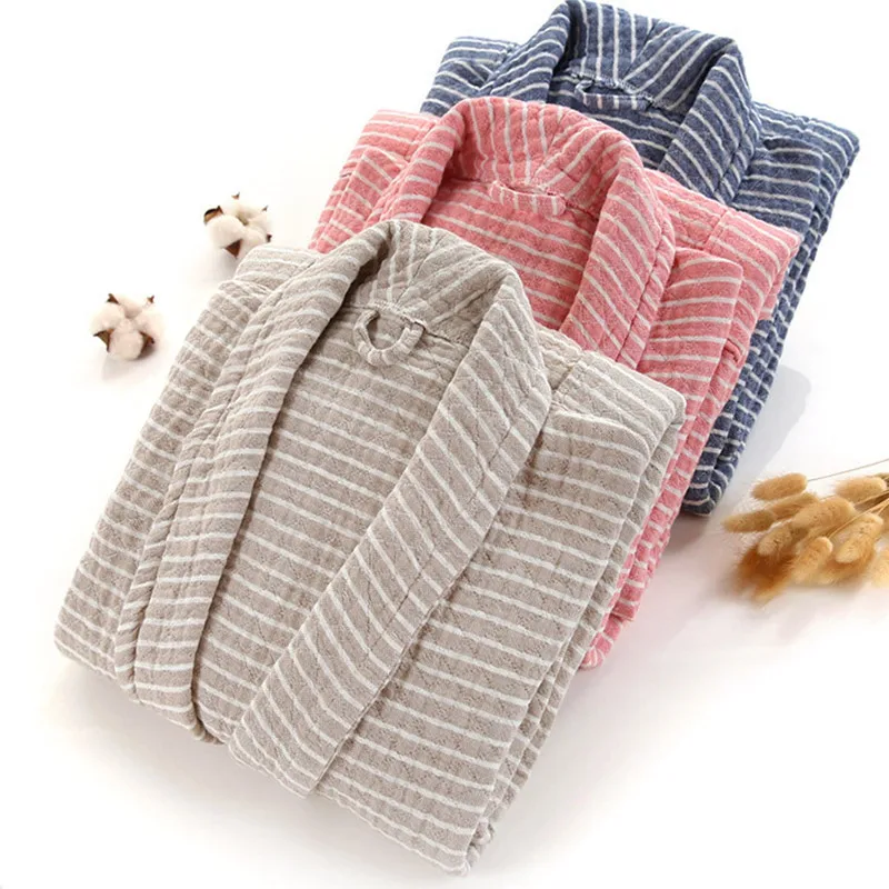 

Japanese Pastoral 100% Cotton Gauze Bathrobe Waffle Cotton Yukata Couple Autumn And Winter Absorbent Men And Women Nightgown