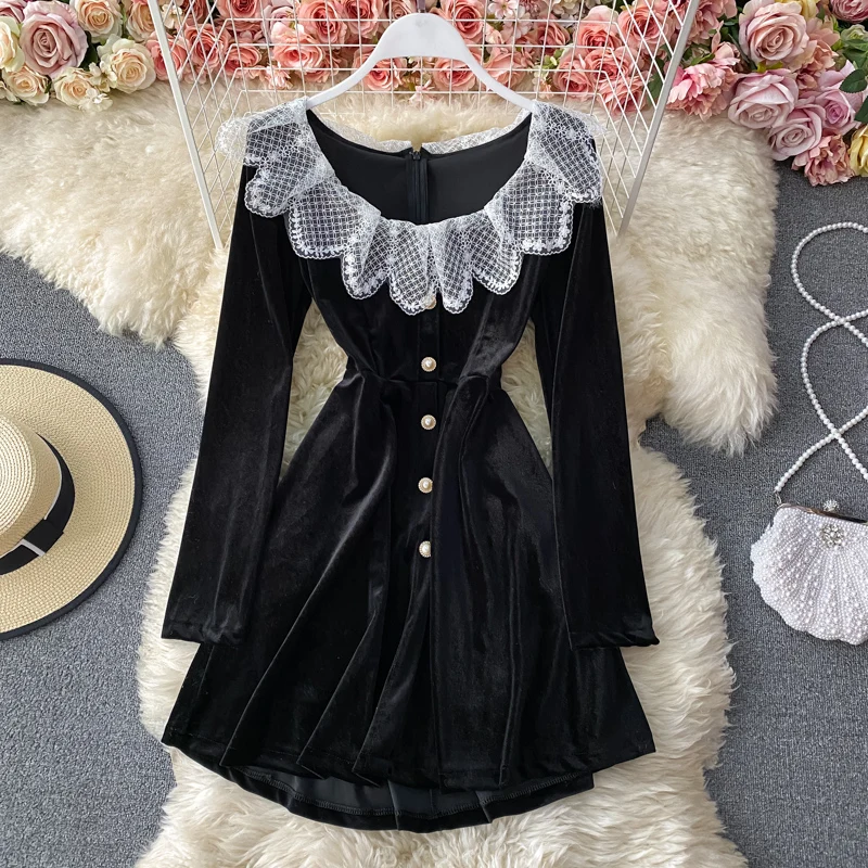 

Vintage Square Collar Long Sleeve Velvet Mini Dress Women Casual Single Breasted Party Vestidos Female Spring Autumn 2020 New