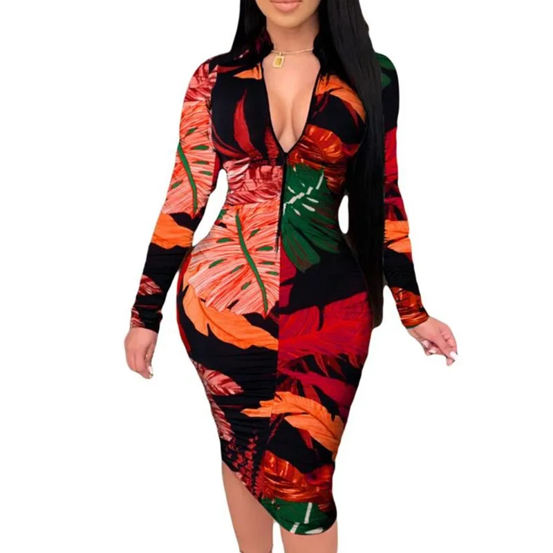 

3xl Plus Size Women Pencil Dress 2021 Long Sleeve Printed V Neck Slim Dresses Female Bodycon Spring Autumn Dress Femme Vestidos