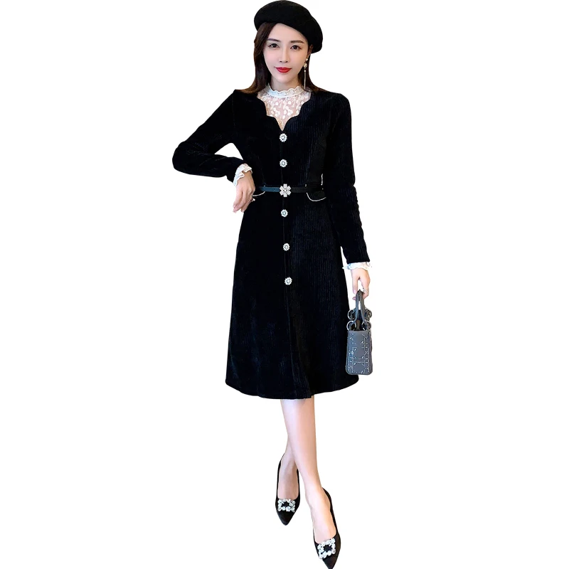

COIGARSAM French Style Women Long dress New Dresses Black Bud Silk Unlined 9086