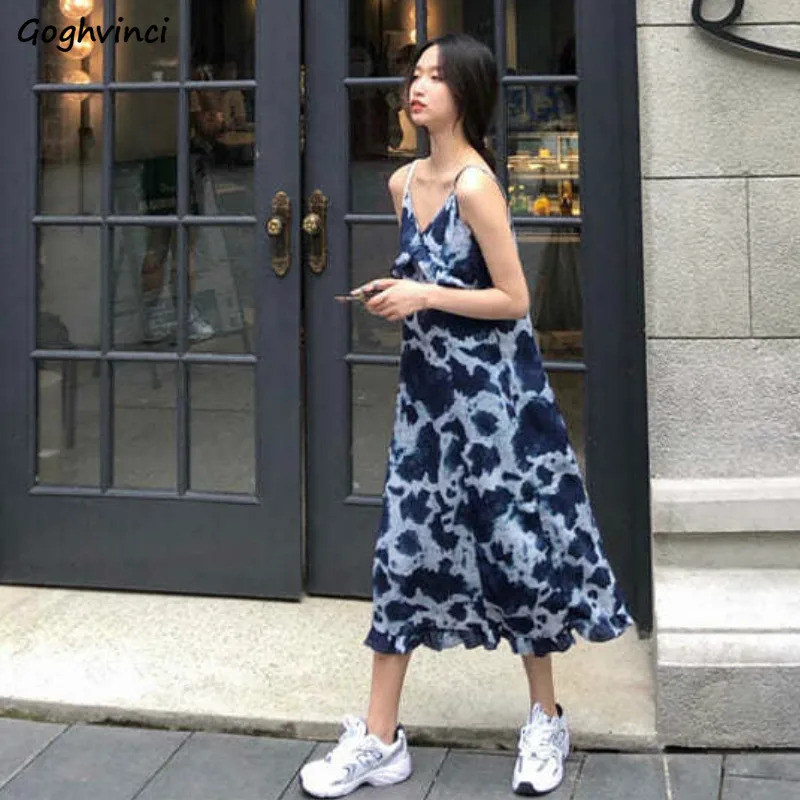 

Dresses Women Ruffles Sleeveless V-neck Ankle-length A-line Tie Dye Beach Sexy Casual Sundress Femme Romantic Holiday Hot Sale