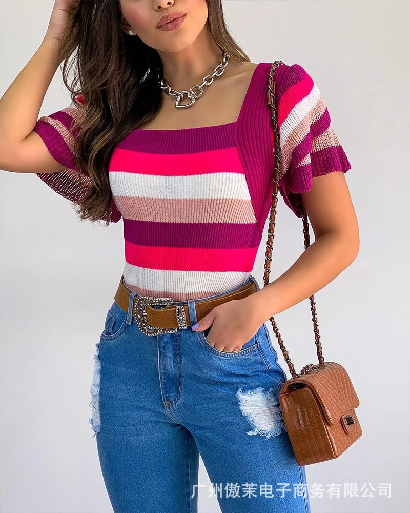 

2022 women's clothing, sexy, slim, elegant, contrast color square collar woolen striped blouse