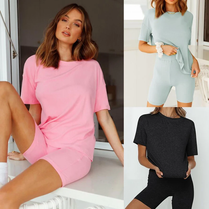 

Household Solid Color Leisure Sports Suits Sportswear Summer Women Pink Shorts Clothing Set Casual Two Piece Set