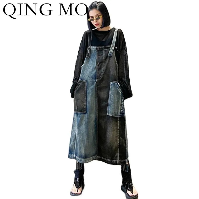 

Цин MO уличный стиль на лямках из джинсовой ткани женское платье 2021; Сезон весна-осень; Новый тренд шить свободное женское платье большого ра...