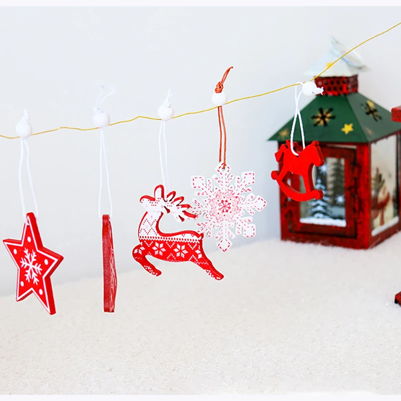 12 шт./лот DIY бело-красные рождественские деревянные подвесные украшения с принтом