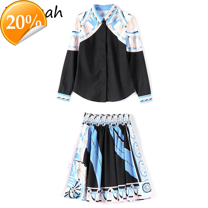 

Women Summer Fashion Runway Rock Set Long Shell Loose blouses + High waist Printed A-line skirts 2-piece suits