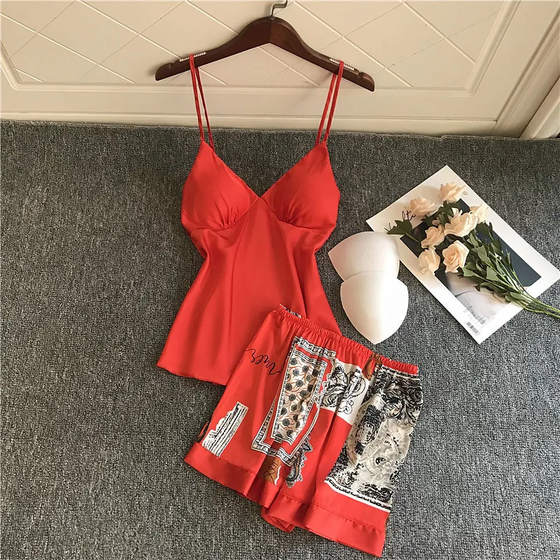 

Pajamas Women's Spring And Autumn Pajamas With Chest Pad Ins Small Chest Sling Nightdress Four-piece Long Sleeves