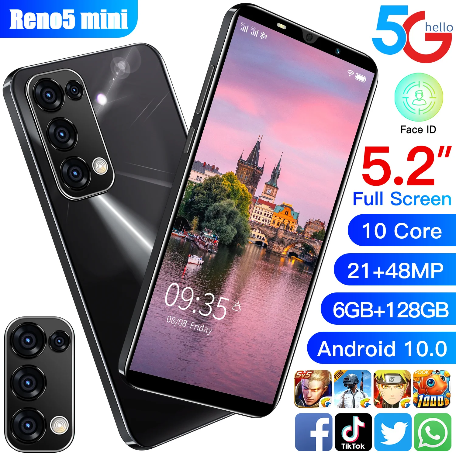 

20201 New Global Version Reno5 Mini-5.2'' Android 10 Smartphone 4500mAh Face Unlock 10 Core Mobilephone 6+128GB 4G 5G Cellphone