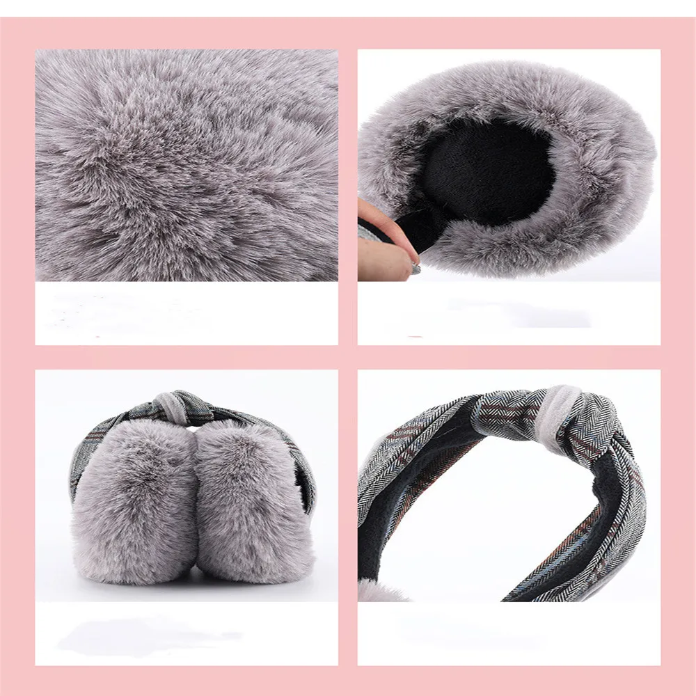 Женские однотонные наушники из искусственного меха с клетчатым твидовым бантом