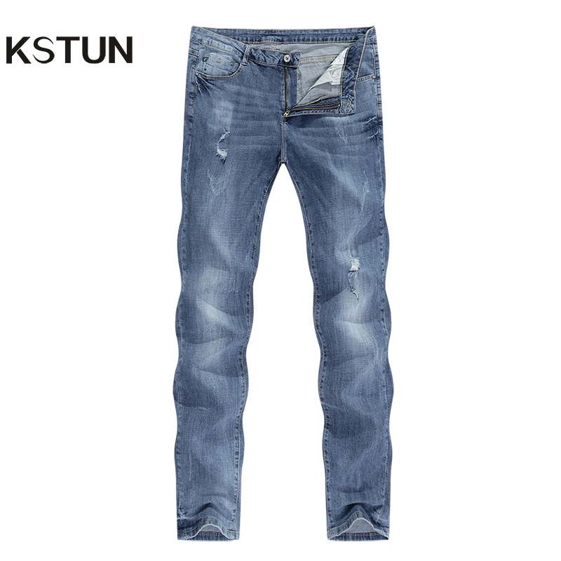 

KSTUN Ripped Jeans Men Stretch Light Blue Ultrathin Distressed Man Rip Jean Slim Fit Hip hop Casual Denim Pants Male Biker Jeans