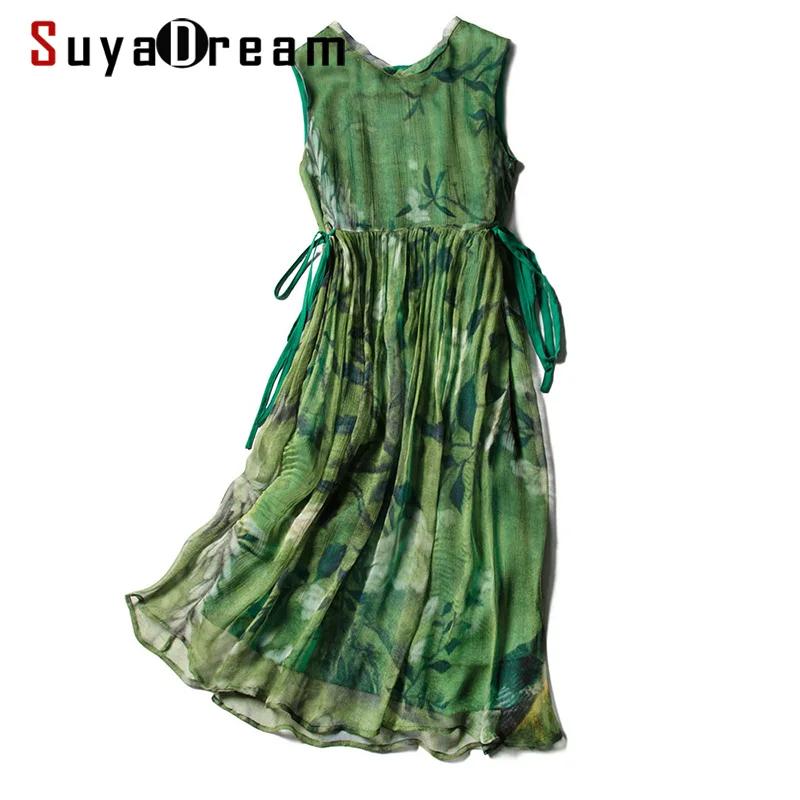 Женское шелковое платье SuyaDream средней длины без рукавов с принтом из 100% шелка и