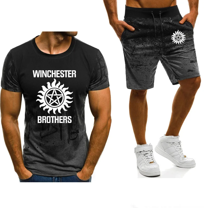 

Men summer short sleeve Supernatural Men Winchester Bros Printed ashion Casual Gradient High Quality Men T-Shirt Pants Suit 2Pcs