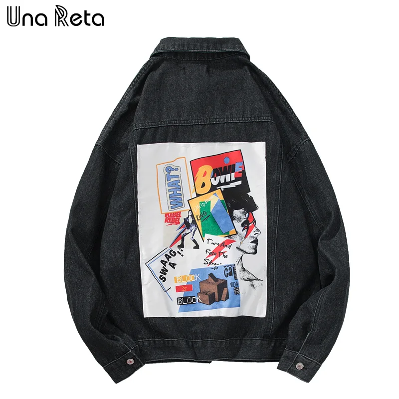 Una Reta Denim Jacket For Men Streetwear Print Jean Autumn New Plus Size Casual Long Sleeve Hip Hop Coat | Мужская одежда