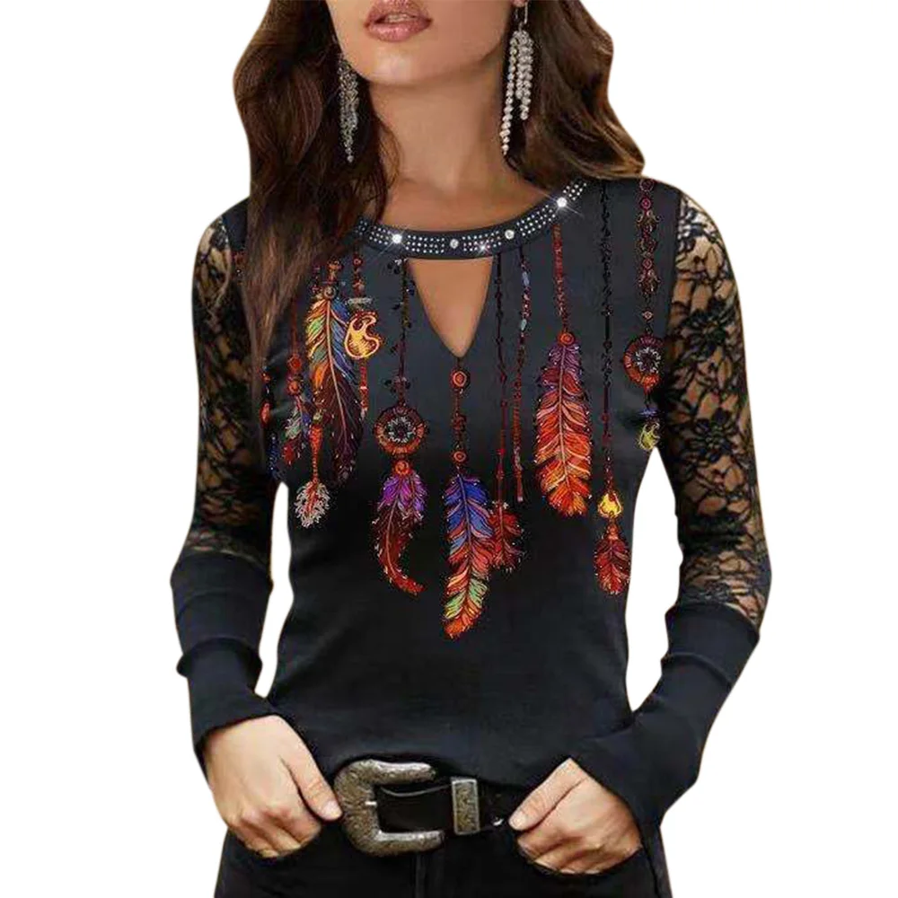 

Fashion Women'S Tops Long Sleeve Dreamcatcher Printed T-Shirt V Neck Tops Sexy Tee Shirts Streetwear Women Clothing Pullover