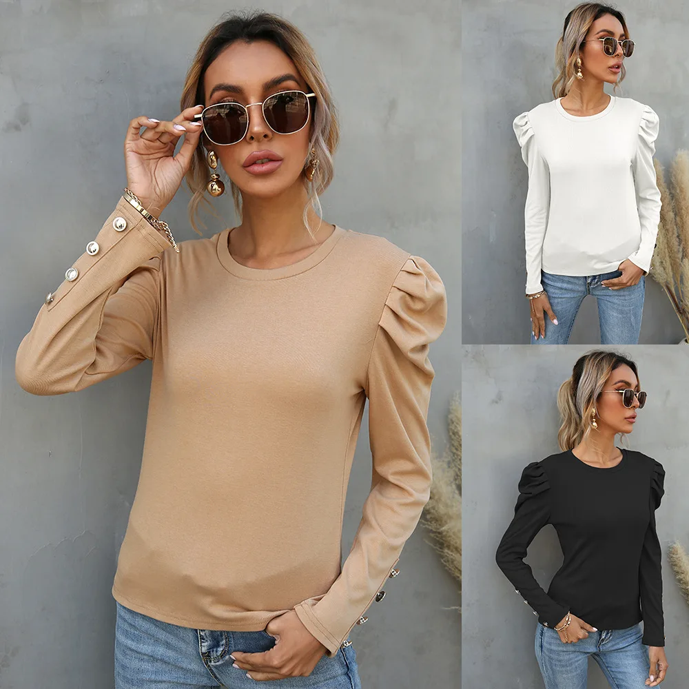 

Puff Long Sleeve Casual T Shirt Harajuku O Neck Button Solid Elegant Women Top Basic Bottoming Tees 3 Colors