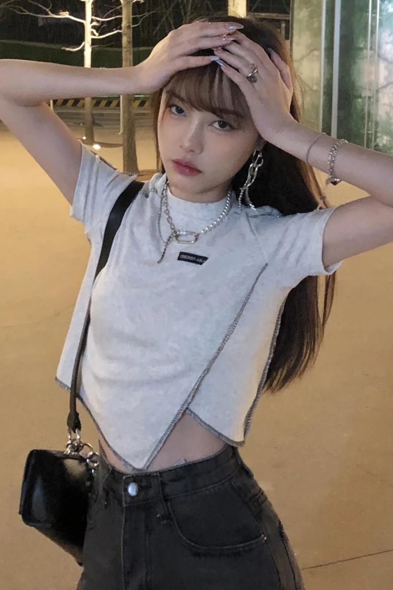 

Irregular Woman Tshirts Scheming Hot Girl T-shirt Female Slim Short Bm Blouse T Shirt for Women