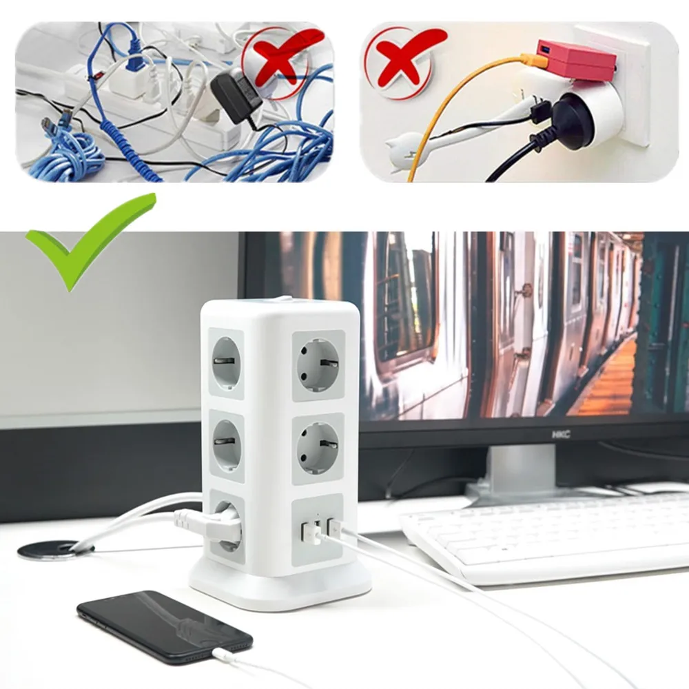 

Eu Power Strip Tower With 6 Ac Outlets + 4 Usb Charger Adapter Extension Power Socket For Charger Eu Plug