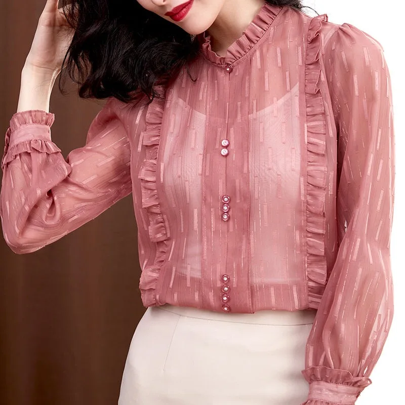 Spring Fall Ladies Womens Beige Black Ruffles Stand Collar Chiffon Top Blouse Shirt , Striped Ruffled Tops and Blouses for Woman