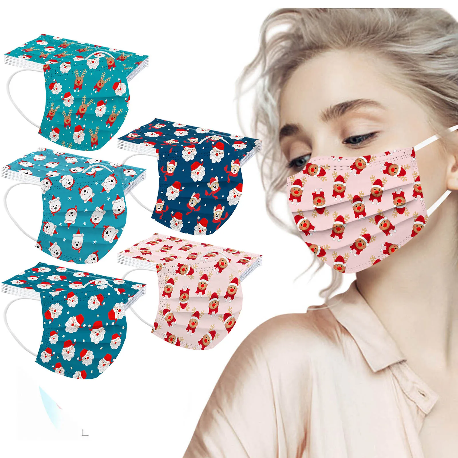 

50pc Unisex Mouth Mask Women Christmas Fabric Facial Mask Disposable Mouth Cover Non-woven 3ply Ear Loop Masque Face Mask