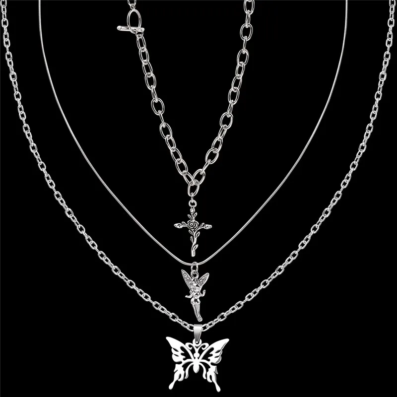 3 шт./компл. слоя ожерелье нержавеющая сталь Бабочка Ангел фея из розового золота