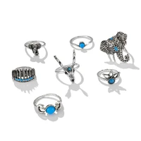tocona 7 stksset vintage zilveren kleur olifant maan ringen voor vrouwen blue crystal stone bloemen leaf dier sieraden 9462