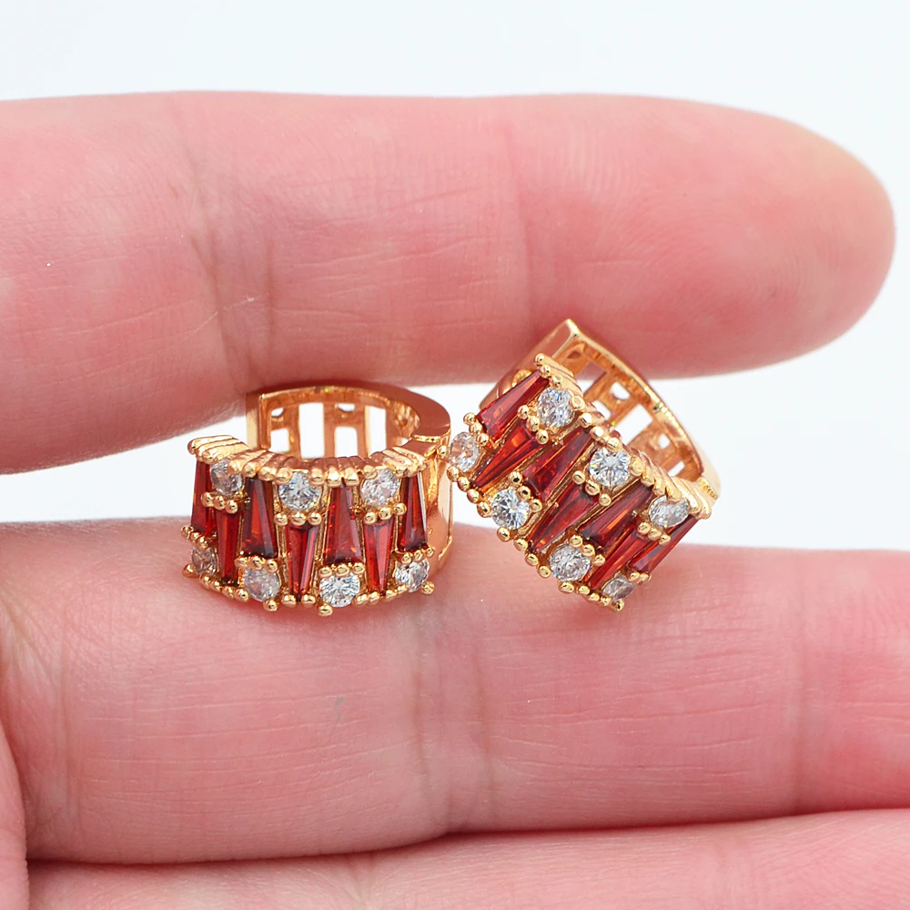 

Gold Color Women Fashion Luxury Red Cubic Zirconia CZ Hoop Huggie Earrings