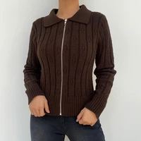 retro brown lapel slim solid y2k sweater womens fallwinter long sleeve striped zipper woolen cardigan jacket jacket cardigans