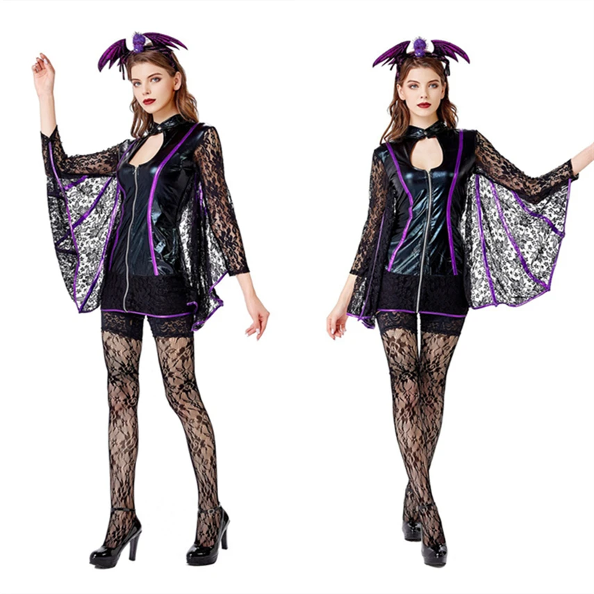 

2022 New Halloween Costumes for Women Bat Animal Vampire Cosplay Dress Lace Sexy Hollow Out Carnival Party Performance Clothing