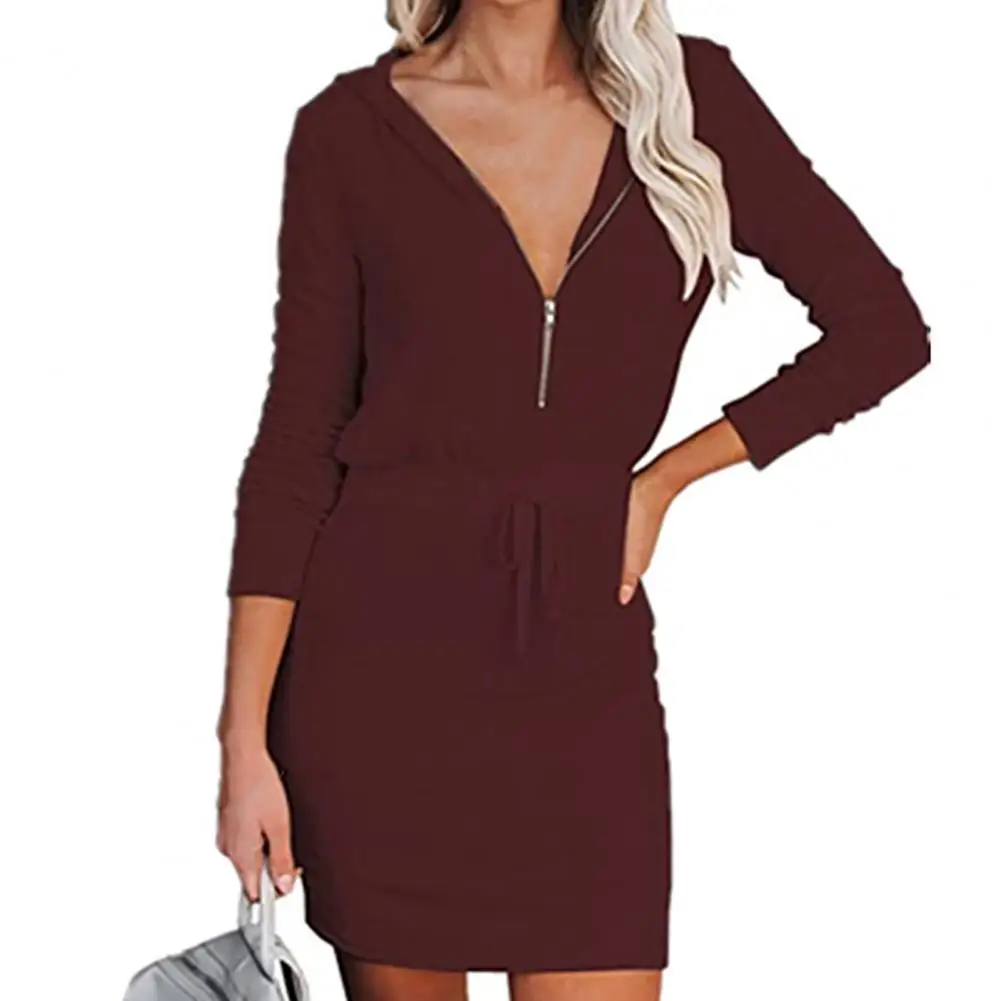 

Women Dress Sexy Solid Color Elegant Breathable Long Sleeve V Neck Ladies Casual Slim High Waist Dress 3 Colors Autumn