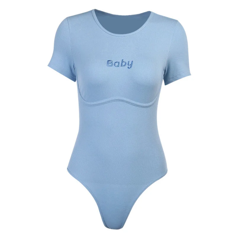 

2020 Summer New Hot Selling One-Piece Suit Women's Round Neck Baby Short Sleeve Lettered Khaki Blue Bodysuits