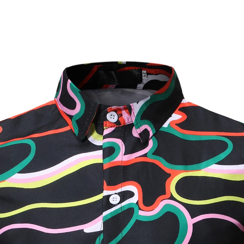 Мужская гавайская рубашка черная приталенная в разноцветную полоску с длинными