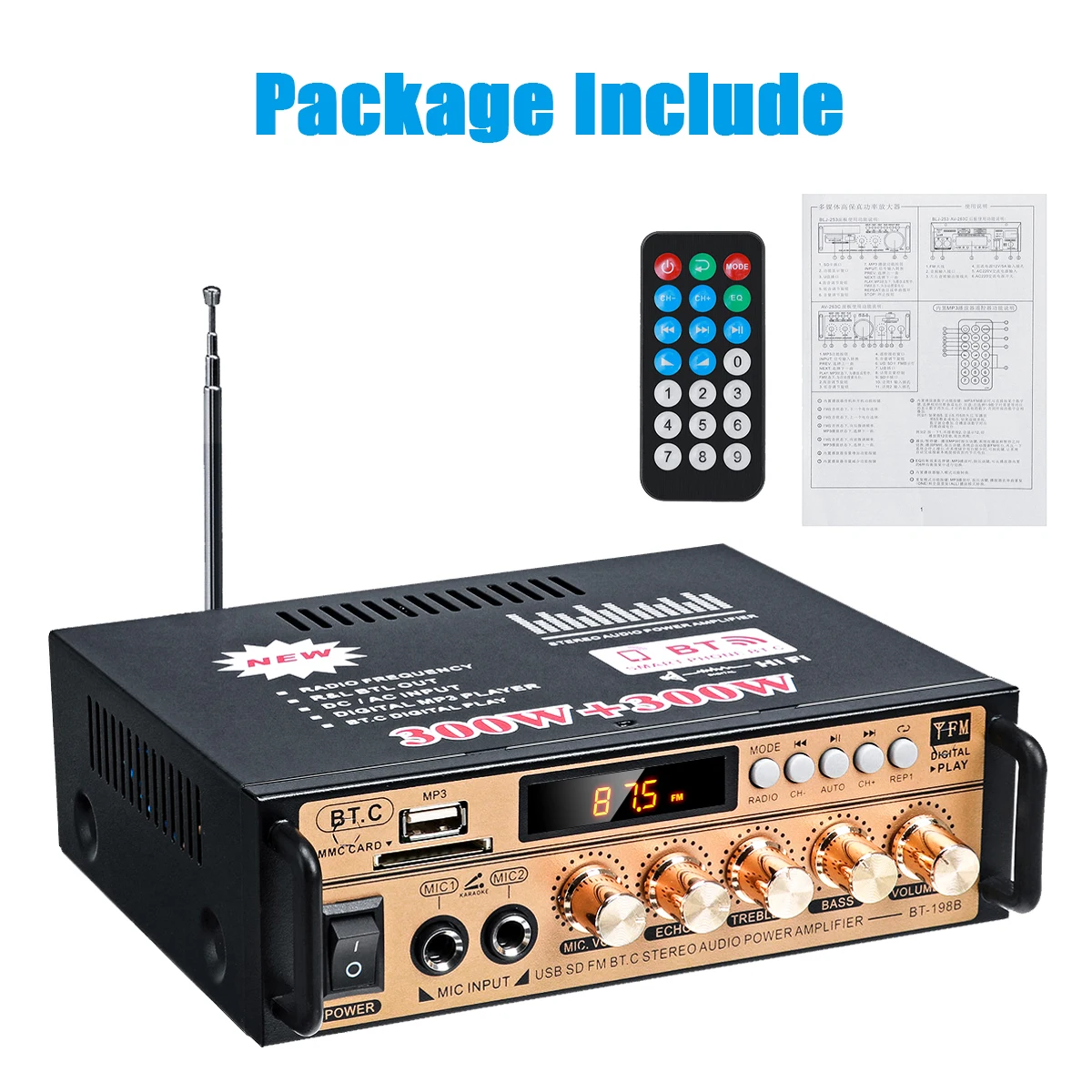 

300W+300W 2Channel Hifi Power Stereo Audio Amplifier bluetooth FM USB SD Home KTV Cinema Radio Music Player Car Amplifier