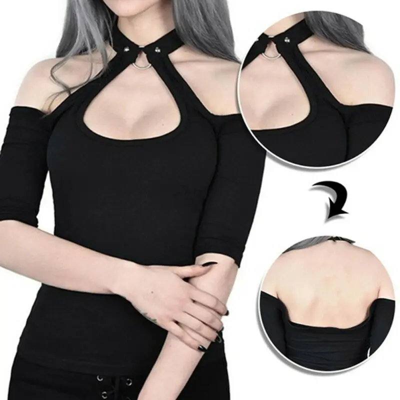 

Black Sexy Shirt With Choker Women Short Sleeve Top Off Shoulder Gothic Solid Halter Top Buckle Neck Punk Vest Shirts