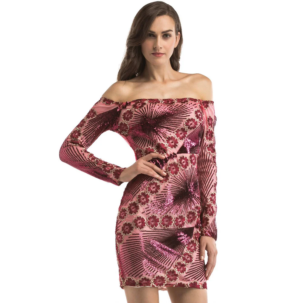 

#1835 Spring Autumn Red Sequin Dress Women Long Sleeved Sexy Slash Neck Mini Dress Female Slim Shiny Short Party Dress Ladies