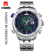 swaves luxury watch men sport dual display stainless steel clock mens watches waterproof quartz military date relogio masculino