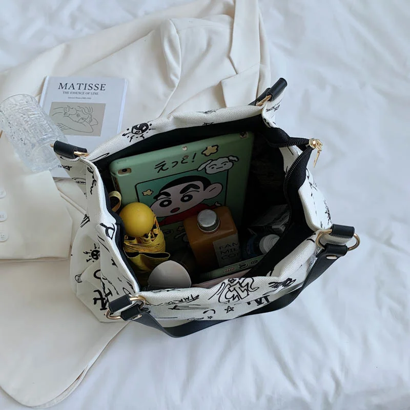 

Large Canvas Women Tote Bags Casual Graffiti Shoulder Bag Unique Design Female Handbag Top Handle Bag Big Soft Lady Shopper Bag