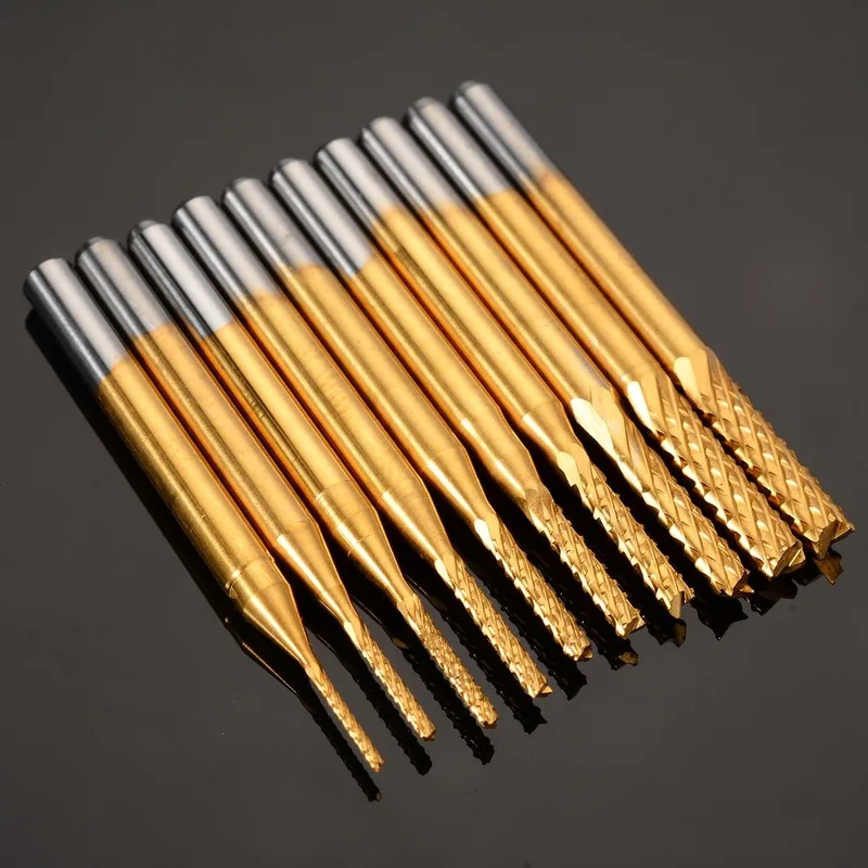 

10pcs 0.8-3.175mm Titanium Coated Carbide Drill Bits Engraving Cutter CNC Router Bits Set for Power Tool