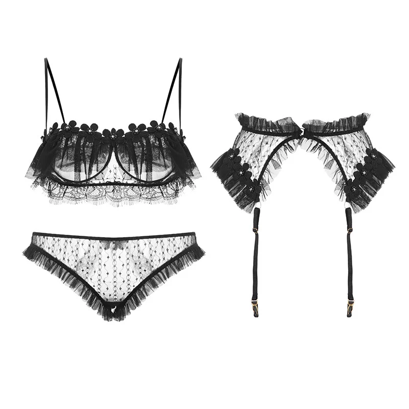 

Black See Through Women Pajamas 3 Piece Sets Sling Ruffle Backless Lace Sexy Underwear Hollow Seductive Female Erotic Costumes