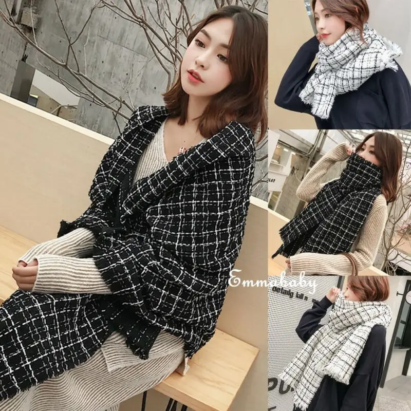 Women Pashmina Winter Plaid Warm Shawl Oversize Cashmere Wrap Stole Long Scarves | Аксессуары для одежды