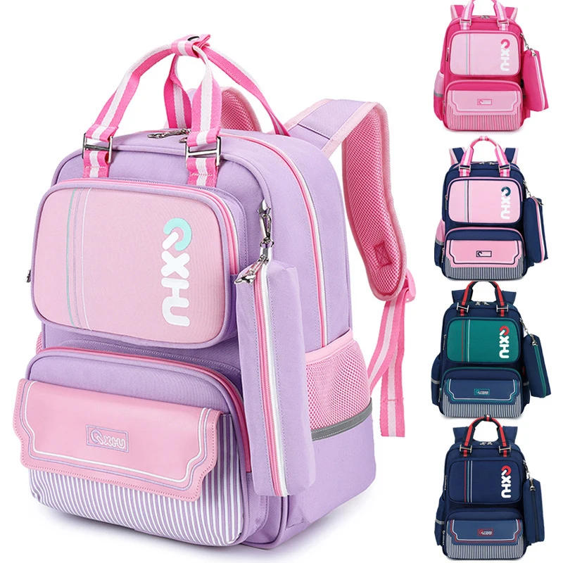 Детский ортопедический школьный рюкзак, Большой Вместительный ранец контрастных цветов с мультипликационным принтом, легкая сумка для уче...