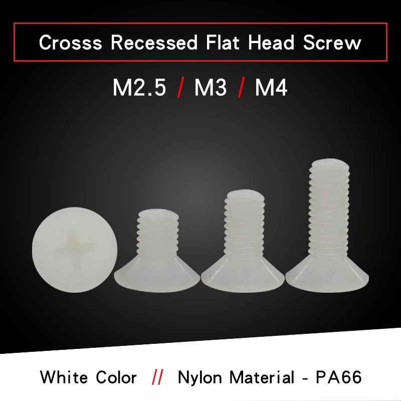 100 шт. нейлоновые крестообразные винты с плоской потайной головкой M2.5 M3 M4 белого