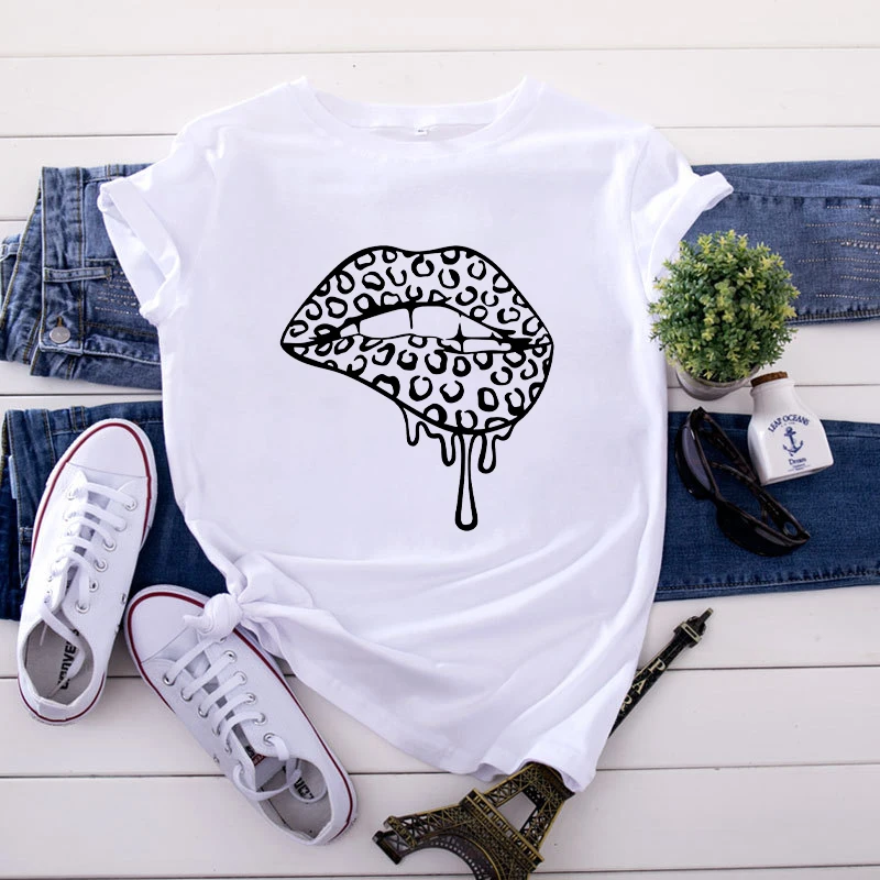 

T-shirts Women Fashion Cartoon Lip Short Sleeve Summer Clothes white Tshirt Top Casual Print streetwear Ladies Tee T-Shirt 2021